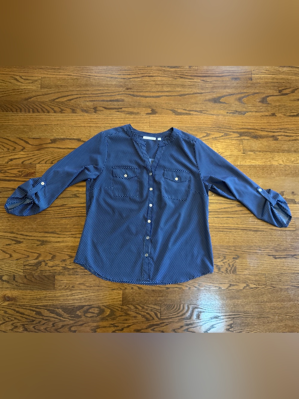 Notations Navy/White Polka Dot V-Neck Long Sleeve Button-Up Blouse Women's L